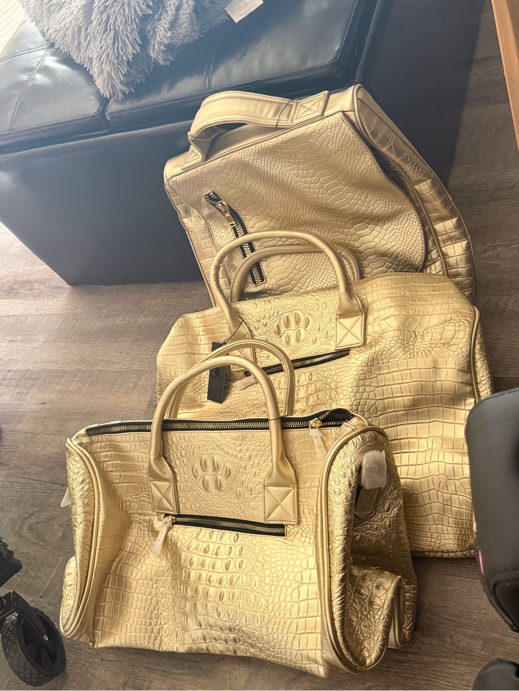 Metallic Gold Croc-Embossed Women’s Travel Bag Set (Tote N Carry)
